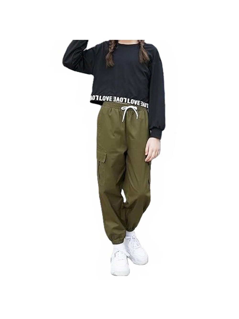 Girls 2 Piece Outfit Set LS Top Cargo Pant Black Olive Green 9-10 Yr